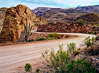 Brown and yellow small mountains with a dirt road winding thru and tall grass in the foreground