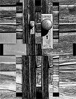 Old door pieced together along with an old rusty door knob in the center and a smaller one beside it