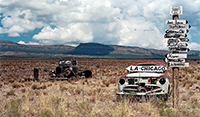 an old abandoned 1950s style car sitting in a field with a route 66 sign above it and an old 1930 rusty pickup truck